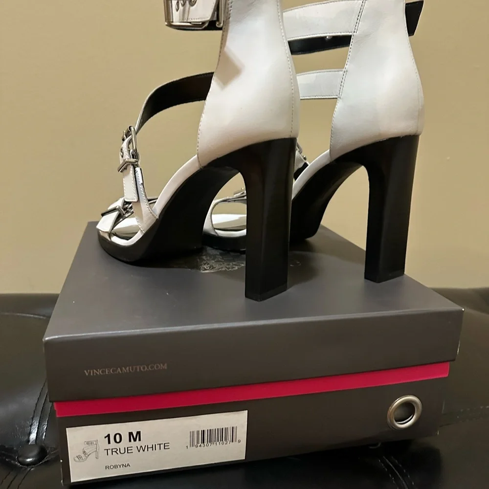 Vince Camuto Black and White Buckle Strap High Heel Sandals